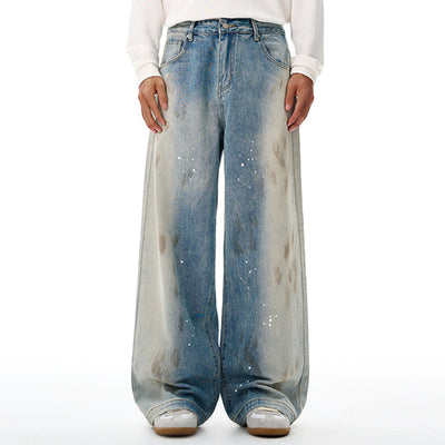 Paint Splatter Distressed Wide Leg Light Blue Jeans