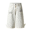 Washed Star Print Wing Detail Relaxed Wide-Leg Cropped Denim Pants