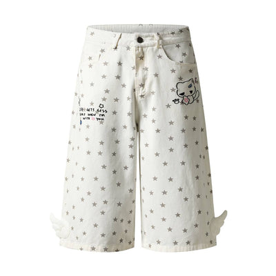 Washed Star Print Wing Detail Relaxed Wide-Leg Cropped Denim Pants