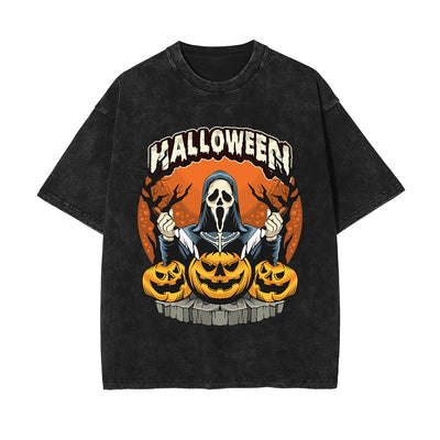 Pumpkin & Ghost Graphic Washed Tee-INNBLAC