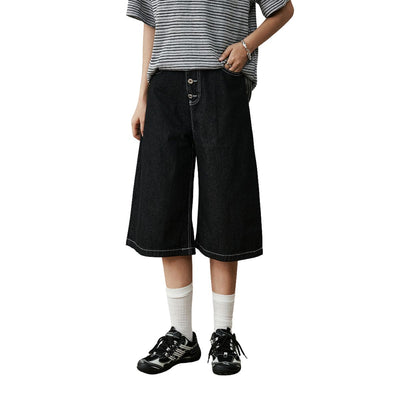 Button Fly Raw Black Denim Shorts