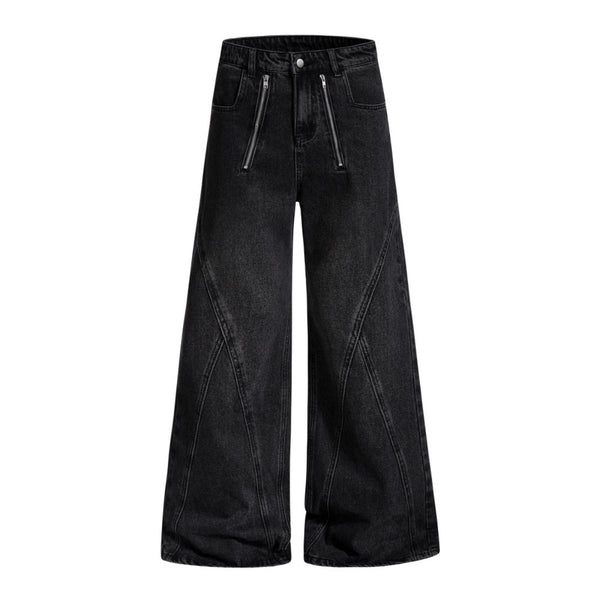 Men's Coated Curved Denim Pants Patchwork Pleated Loose Wide Leg