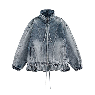 Heavyweight American Washed Distressed Denim Jacket with Flouncing