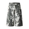 Washed Ink Dye Cow Print Cargo Pocket Relaxed Wide-Leg Bermuda Denim Shorts
