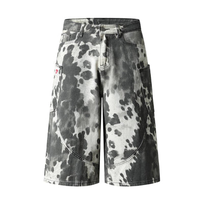 Washed Ink Dye Cow Print Cargo Pocket Relaxed Wide-Leg Bermuda Denim Shorts