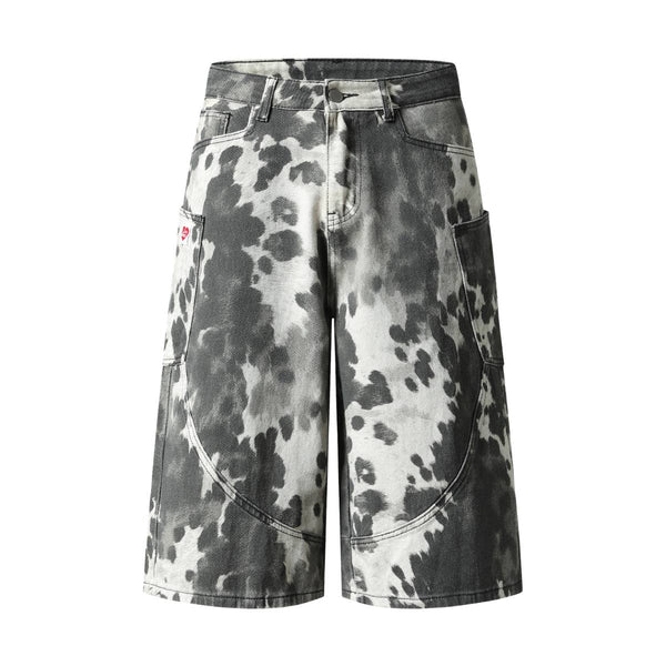 Washed Ink Dye Cow Print Cargo Pocket Relaxed Wide-Leg Bermuda Denim Shorts