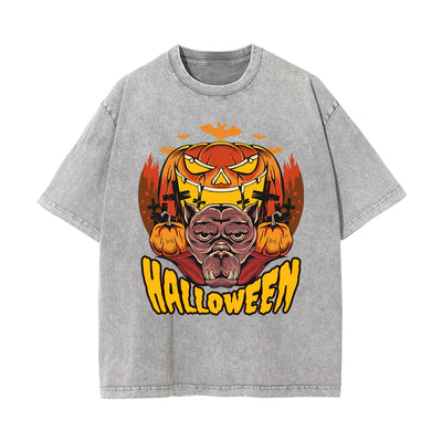 Halloween Pumpkin Graphic Washed Tee-INNBLAC