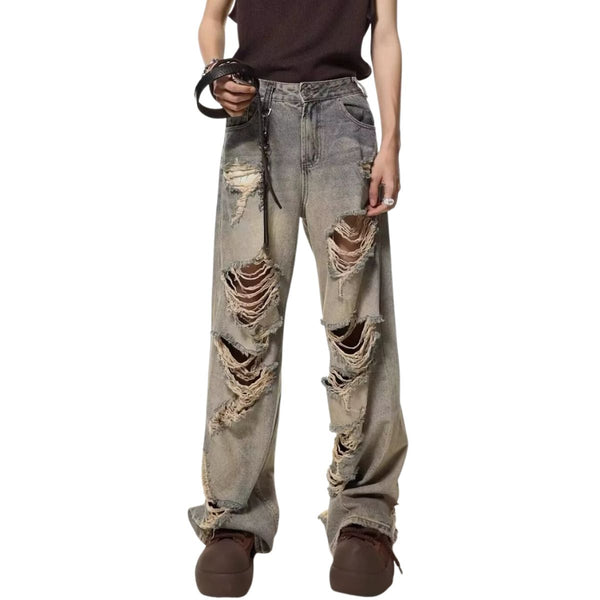 Vintage Distressed Wide Straight Leg Denim Jeans