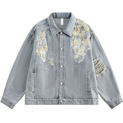 Loose-fitting Ripped Stitched Fashionable Washed Denim Jacket