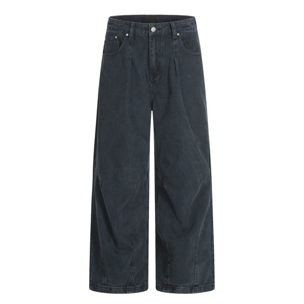Men's Washed Punk Pleated Loose-Fit Casual Wide-Leg Denim Pants