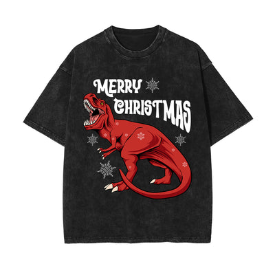 Christmas Dinosaur Stone Wash Graphic Tee-INNBLAC