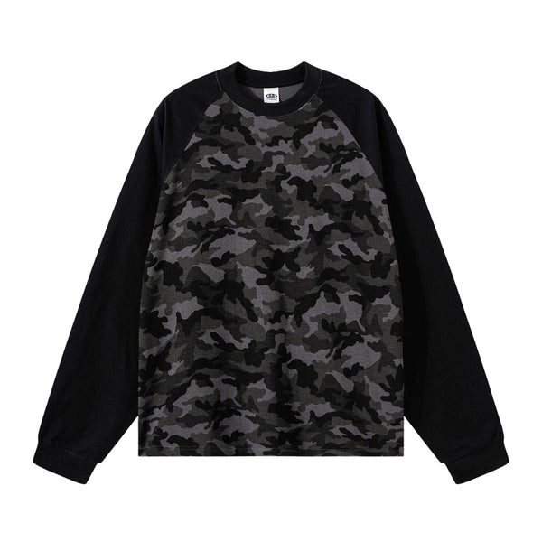 Raglan-Sleeve Camo Waffle Knit Long-Sleeve T-Shirt