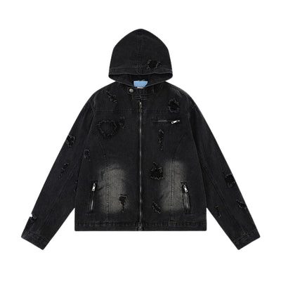 Unisex Retro Distressed Ripped Washed Denim Jacket with Hood