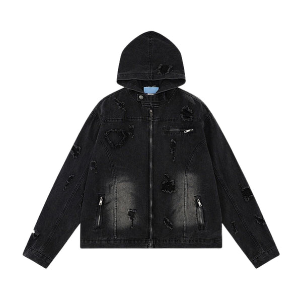 Unisex Retro Distressed Ripped Washed Denim Jacket with Hood