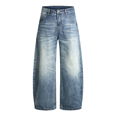 Vintage Whiskered Gradient Washed High Waist Barrel Wide Leg Denim Jeans