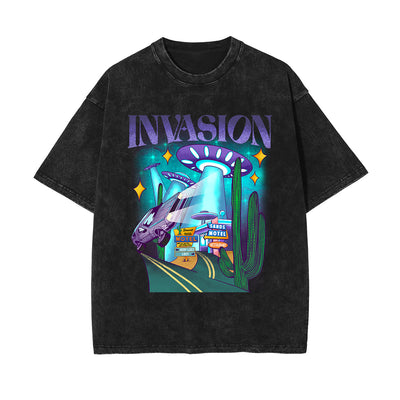 Invasion Washed Cartoon Graphic Tee-INNBLAC