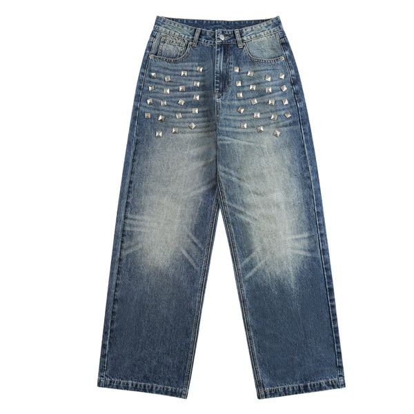 Vintage Blue Cat Whisker Studded Baggy Jeans