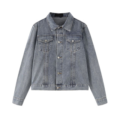 Unisex Commuter Workwear Style Single-breasted Lapel Straight Denim Jacket