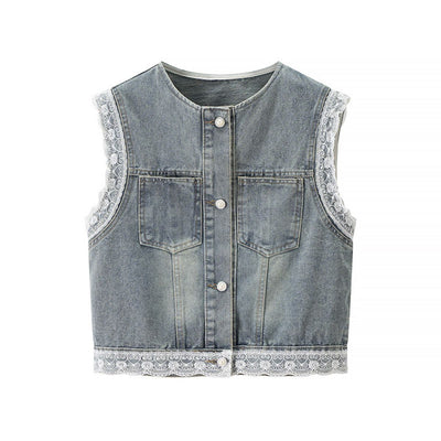 Vintage Wash Lace Trim Denim Vest