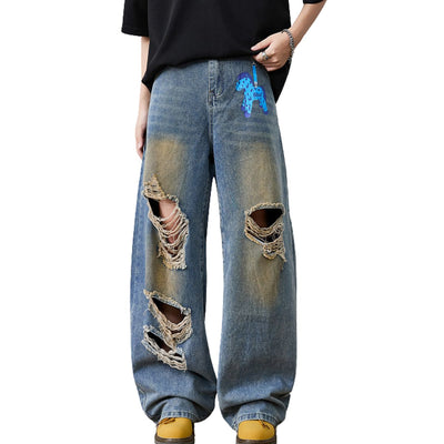 Distressed Barrel Leg Denim Jeans with Heavy Rip Details
