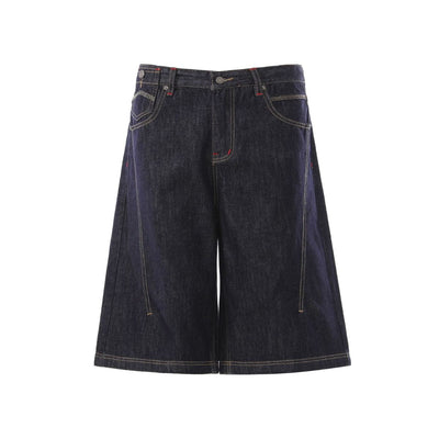 Deconstructed Embroidered Raw Denim Bermuda Shorts