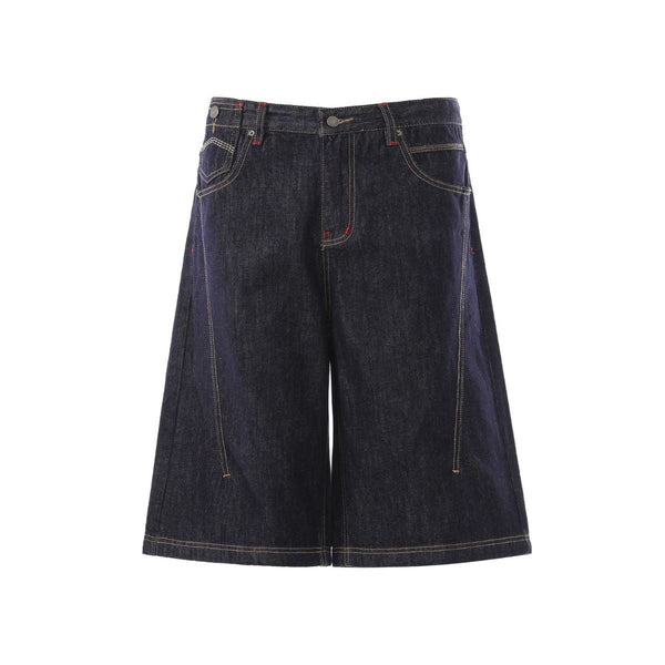 Deconstructed Embroidered Raw Denim Bermuda Shorts