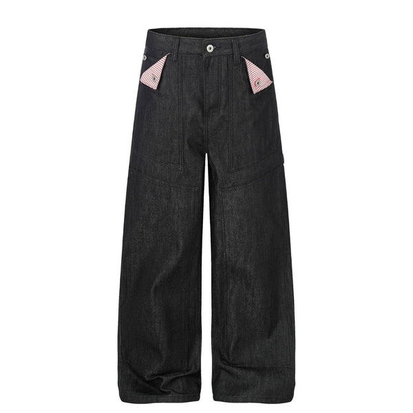 Raw Black Wide Leg Jeans with Utility Flap Pocket Detail