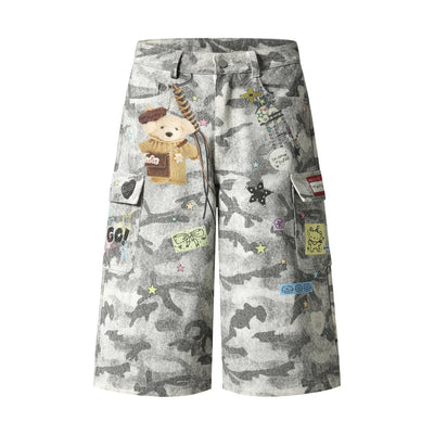 Washed Camo Graffiti Bear Patch Relaxed Wide-Leg Utility Bermuda Shorts