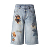 Washed Vintage Star Print Dog Distressed Relaxed Wide-Leg Bermuda Shorts