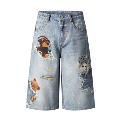 Washed Vintage Star Print Dog Distressed Relaxed Wide-Leg Bermuda Shorts