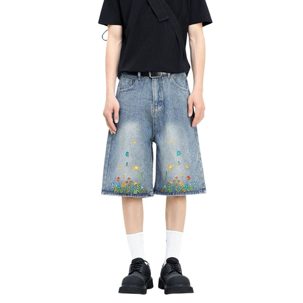 Floral Embroidery Washed Denim Shorts