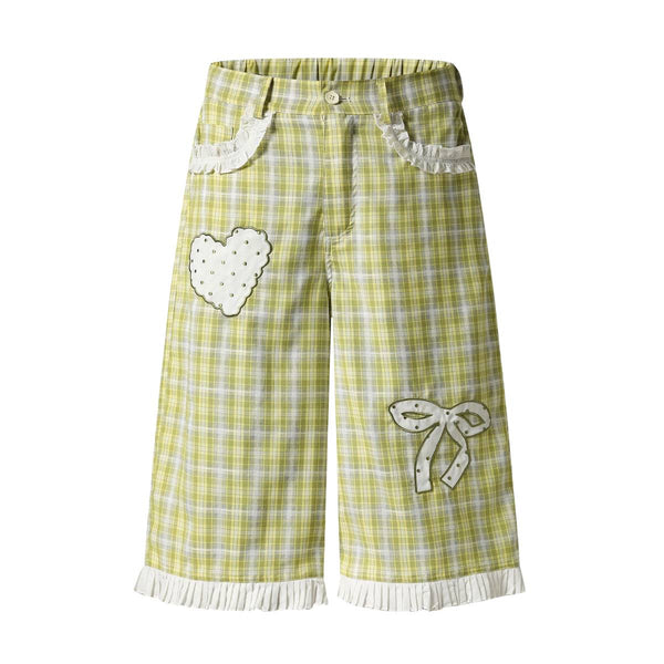 Washed Plaid Graphic Patchwork Bow Detail Relaxed Wide-Leg Capri Denim Pants