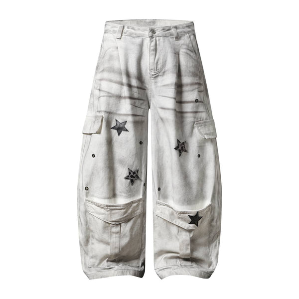Vintage Wash Star Pattern Baggy Straight Leg Cargo Jeans