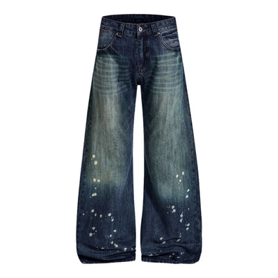 Men's Paint Splatter Washed Denim Wide Leg Pants Distressed Unique