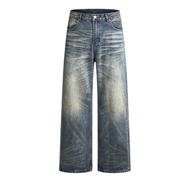 Wash Vintage Whiskered Fluid Flow Wide Leg Denim Jeans