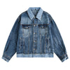 Unisex Retro Blue Petite Loose Plaid Collar Denim Jacket