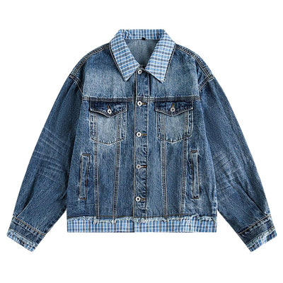 Unisex Retro Blue Petite Loose Plaid Collar Denim Jacket