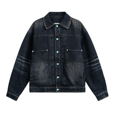 Original Sapphire Turquoise Button Retro Street Loose Washed Distressed Denim Jacket