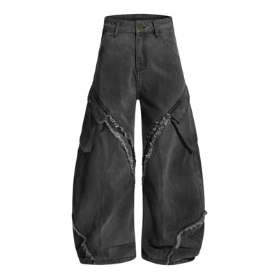 Men's Washed Distressed Denim Pants Wide Leg Patchwork Raw Edge Unique
