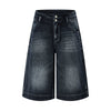 Double-Button Whiskered Wide-Leg Denim Shorts