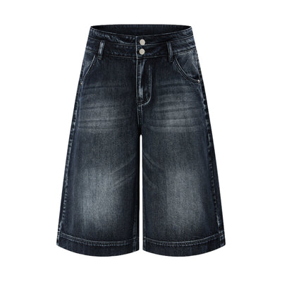 Double-Button Whiskered Wide-Leg Denim Shorts
