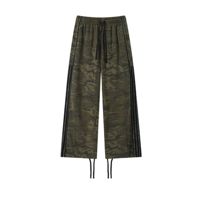 Heavyweight Camouflage Stripe Patchwork Drawstring Straight Leg Sweatpants