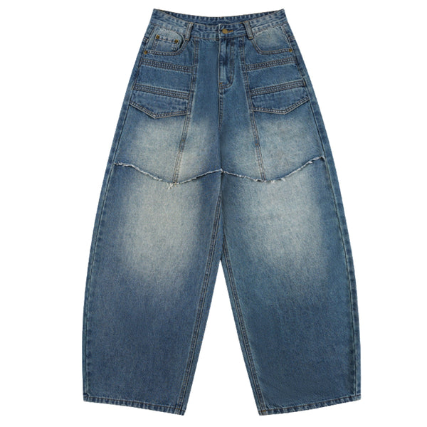 Vintage Wash Faux Layered Baggy Curved Leg Denim Jeans