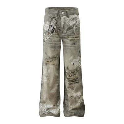 Smoke Rise Lace Print Straight Leg Ripped Jeans
