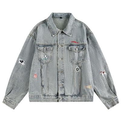 Unisex Loose Lazy Style Retro Cute Animal Embroidered Lapel Washed Denim Jacket