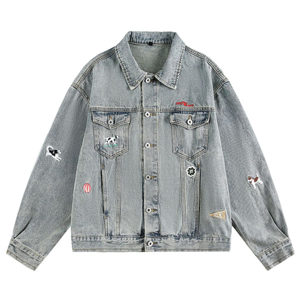 Unisex Loose Lazy Style Retro Cute Animal Embroidered Lapel Washed Denim Jacket