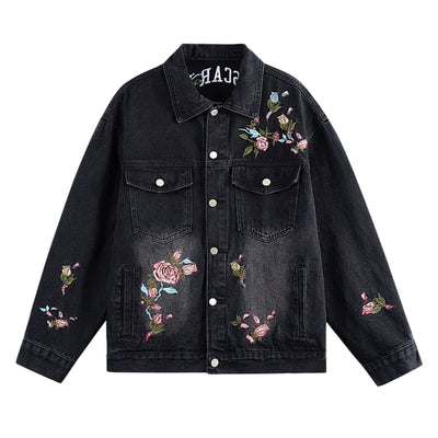 Casual Vintage Washed Floral Embroidered Hip-hop Denim Jacket