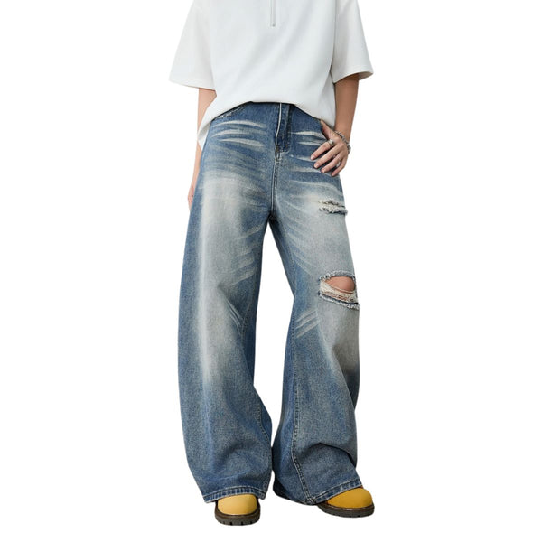 Distressed Curved Leg Wide Fit Denim Jeans