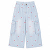 Heart Embroidery Striped Cargo Denim Capri Shorts