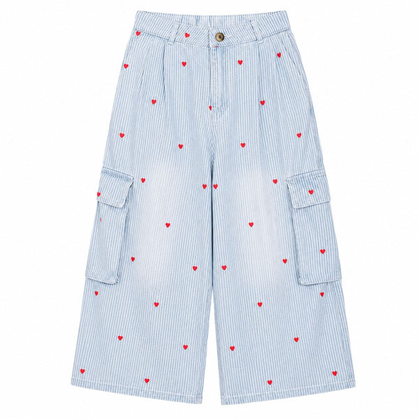 Heart Embroidery Striped Cargo Denim Capri Shorts